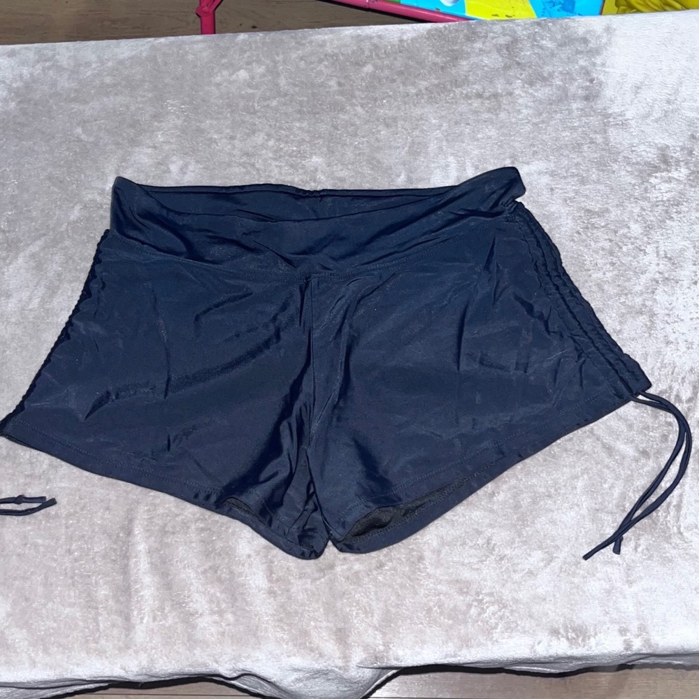 Womens Black Ruched Side Swim Shorts‎ Adjustable Drawstring Swim Bottoms Size L